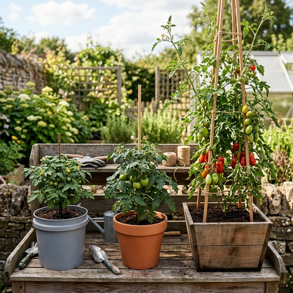 Container size comparison for compact, determinate, and indeterminate tomato plants