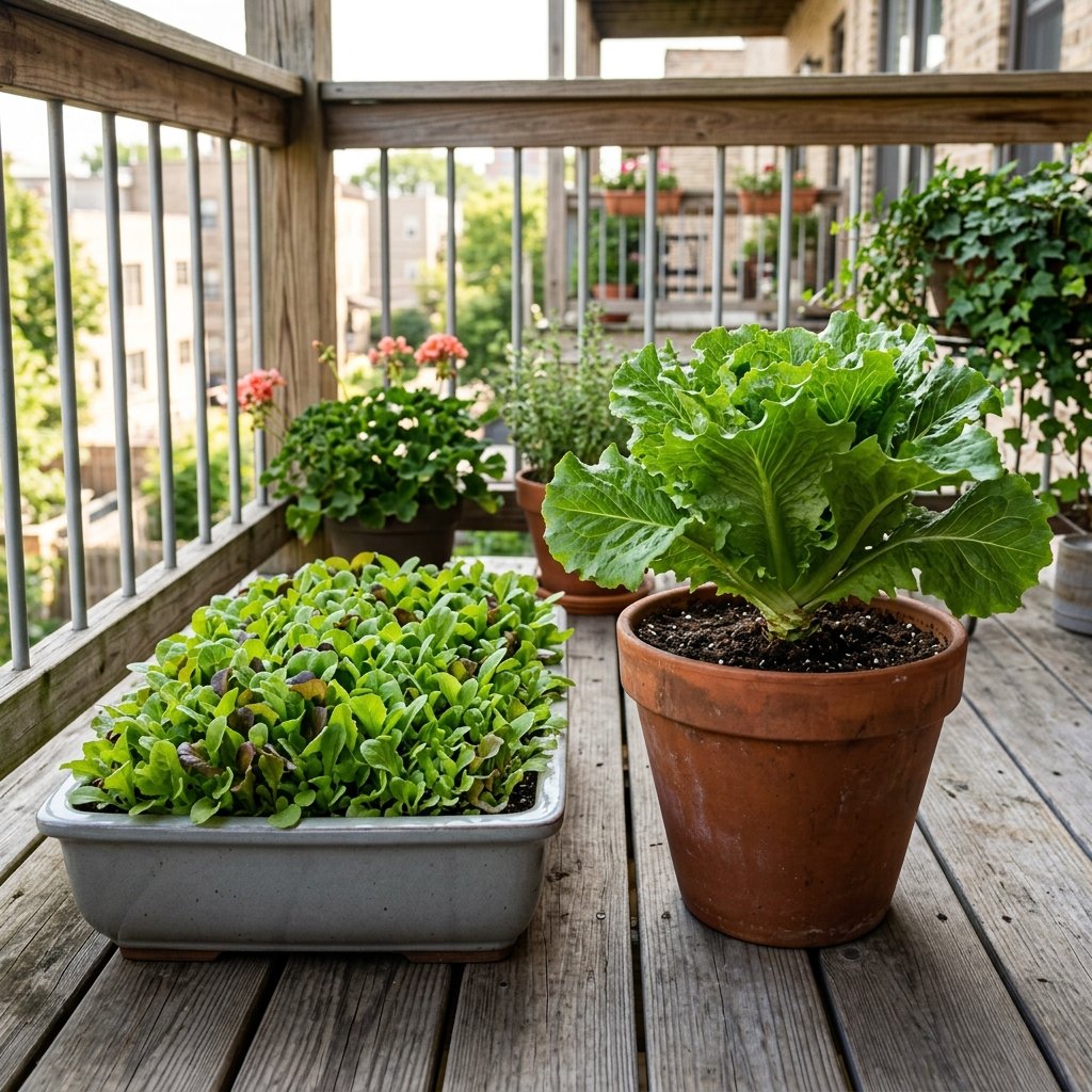 Baby leaf and mature leaf lettuce container setups for small-space gardening
