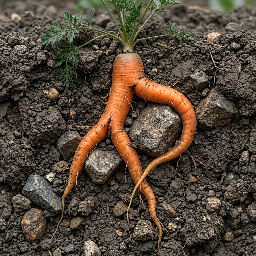 Straight carrot in loose soil compared with forked carrot caused by rocky compacted soil