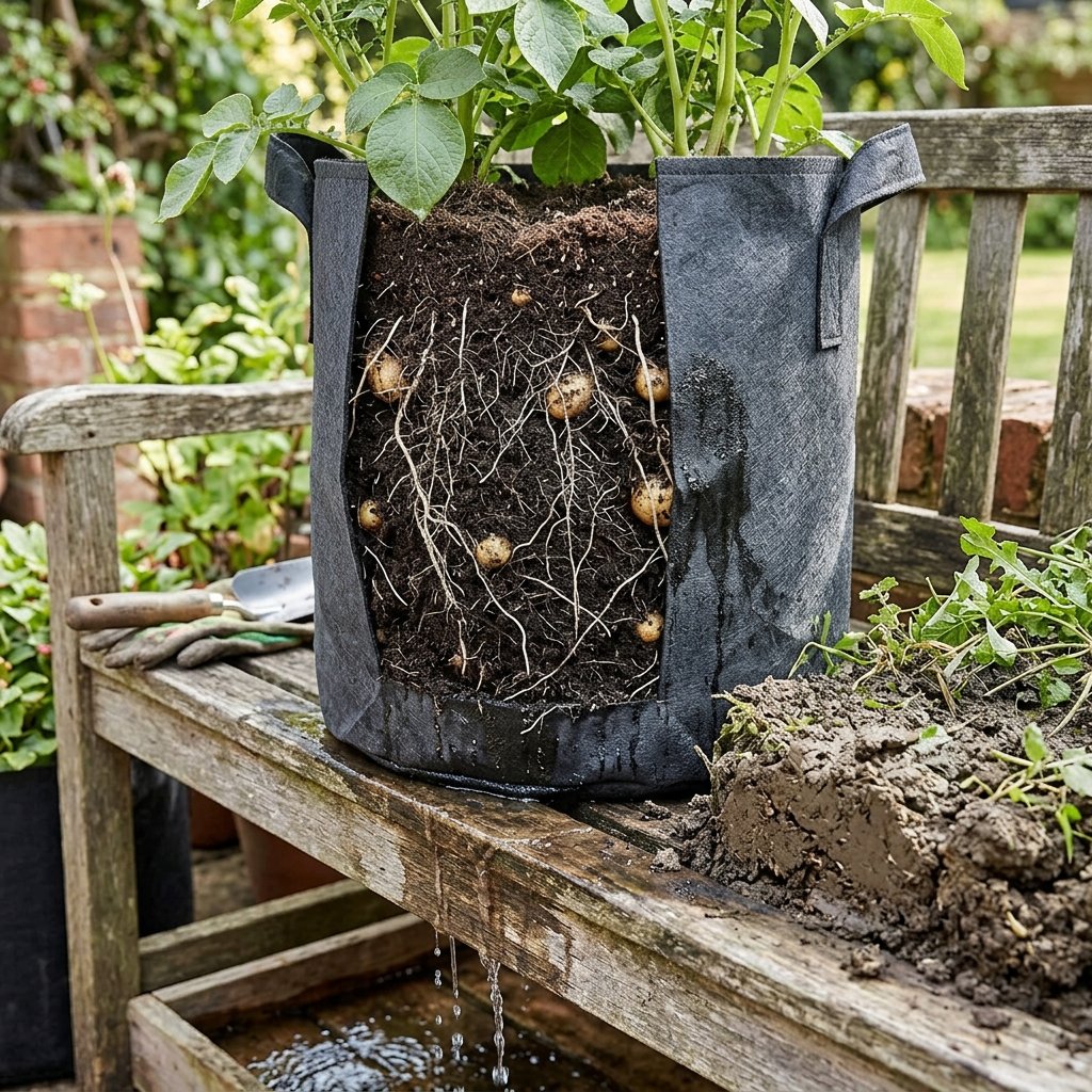 Container potato planting setup showing controlled potting mix, drainage, and soil volume