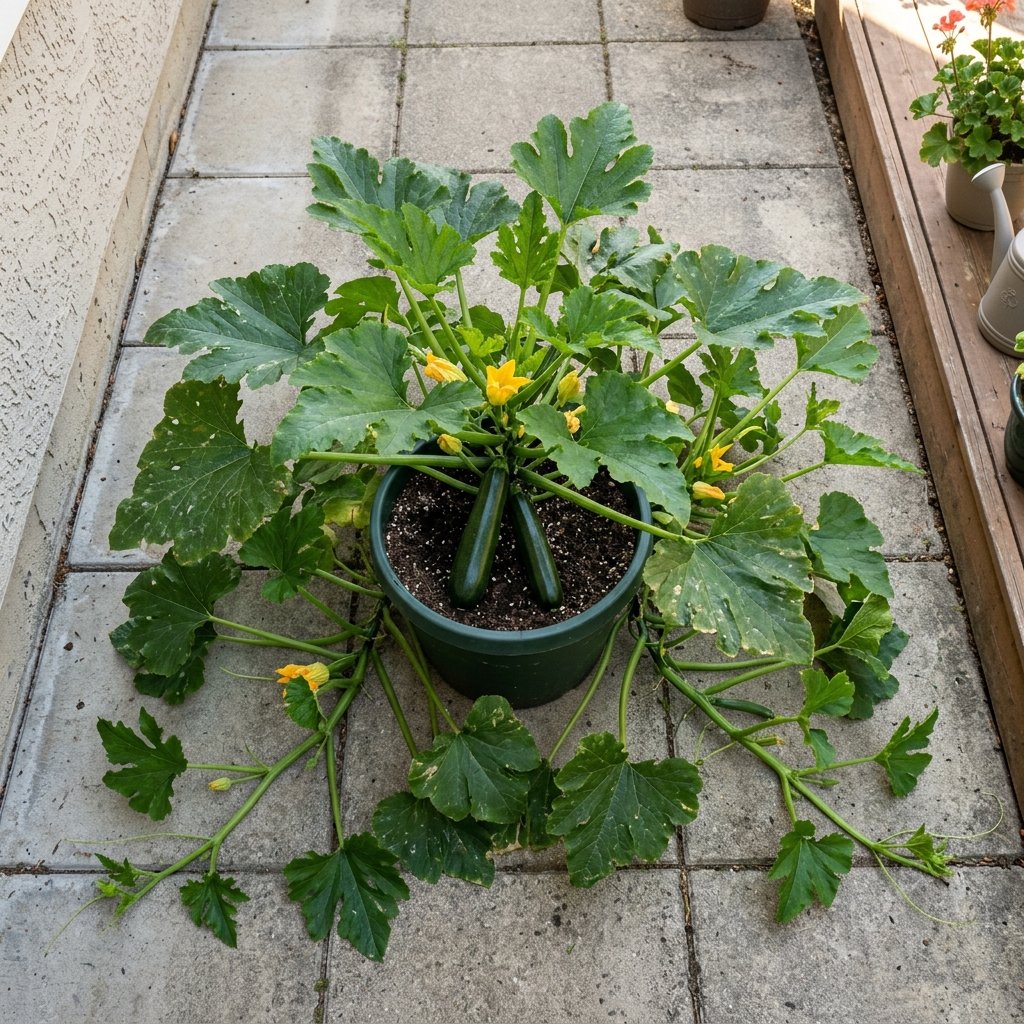 Diagram showing container zucchini spacing and the growing footprint needed for one plant