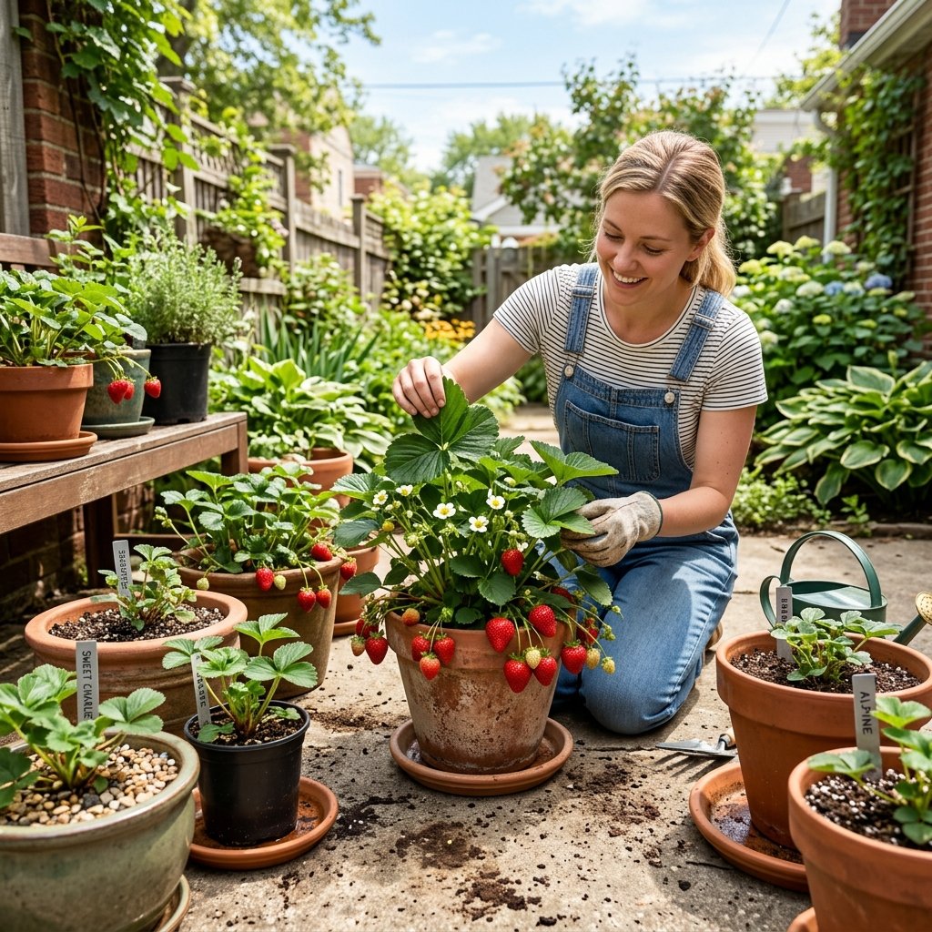 Growing strawberries in containers on a patio for better soil and pest monitoring