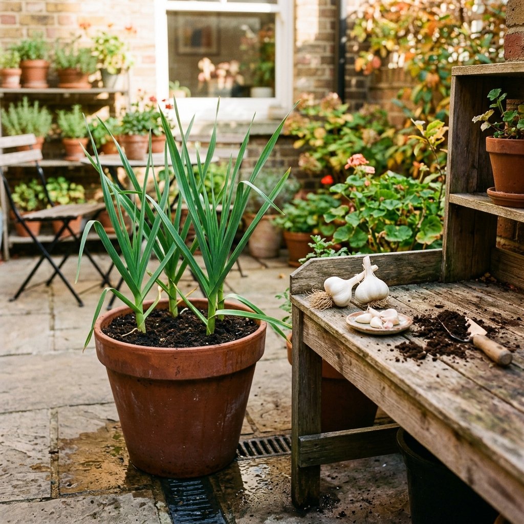 growing garlic in containers on a sunny patio without a garden bed